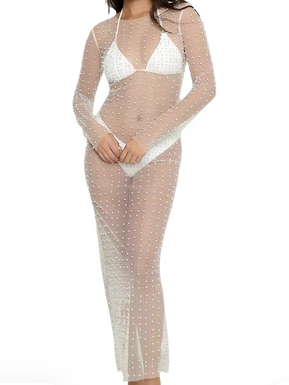 Sheer Pearl-Studded Maxi CoverUp - White